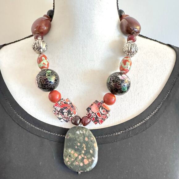Handmade Chunky Beaded Necklace Unakite Cloisonné Ceramic Glass Eclectic Heavy - Picture 1 of 16